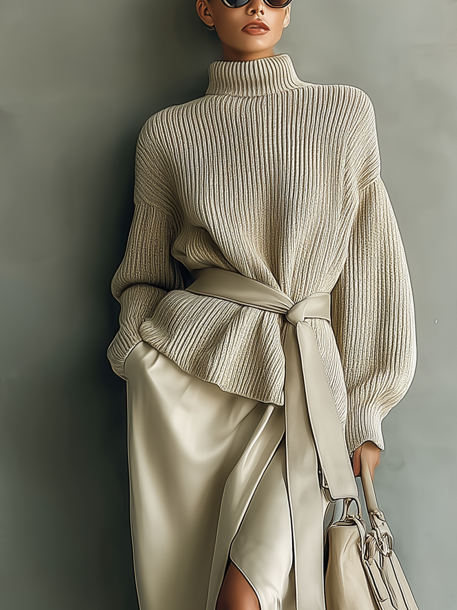 Women's Beige Knit Turtleneck Top And Asymmetrical Midi Skirt Set MDA2523K2T