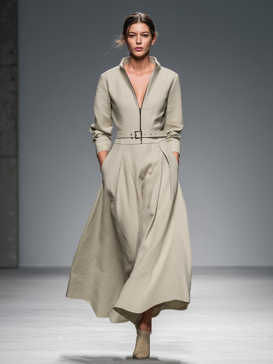 Women's Beige Cotton Linen Elegant Front Zipper Maxi Dress MDA2924K0I