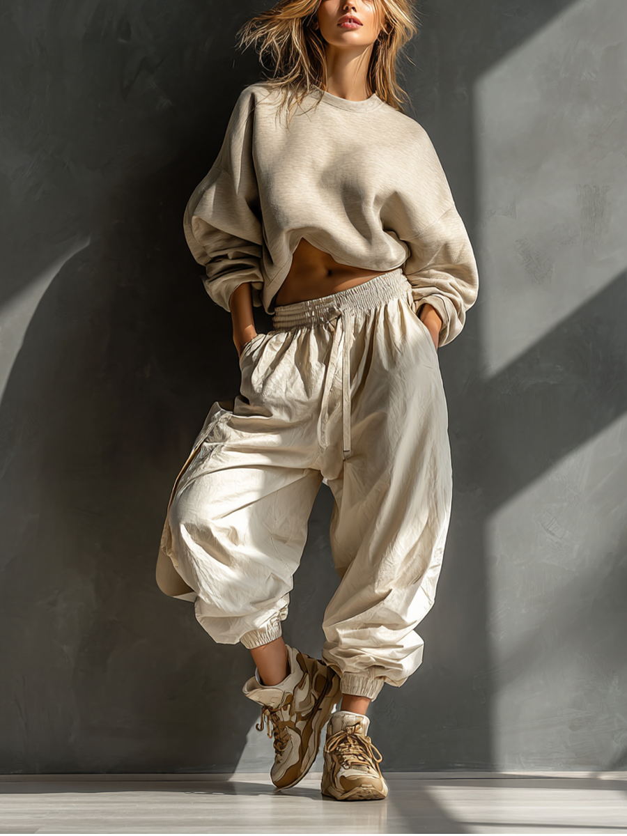 Women's Beige Cotton Loose-fitting Casual Sweatshirt And Drawstring Cargo Pants Set MDA2083K8T