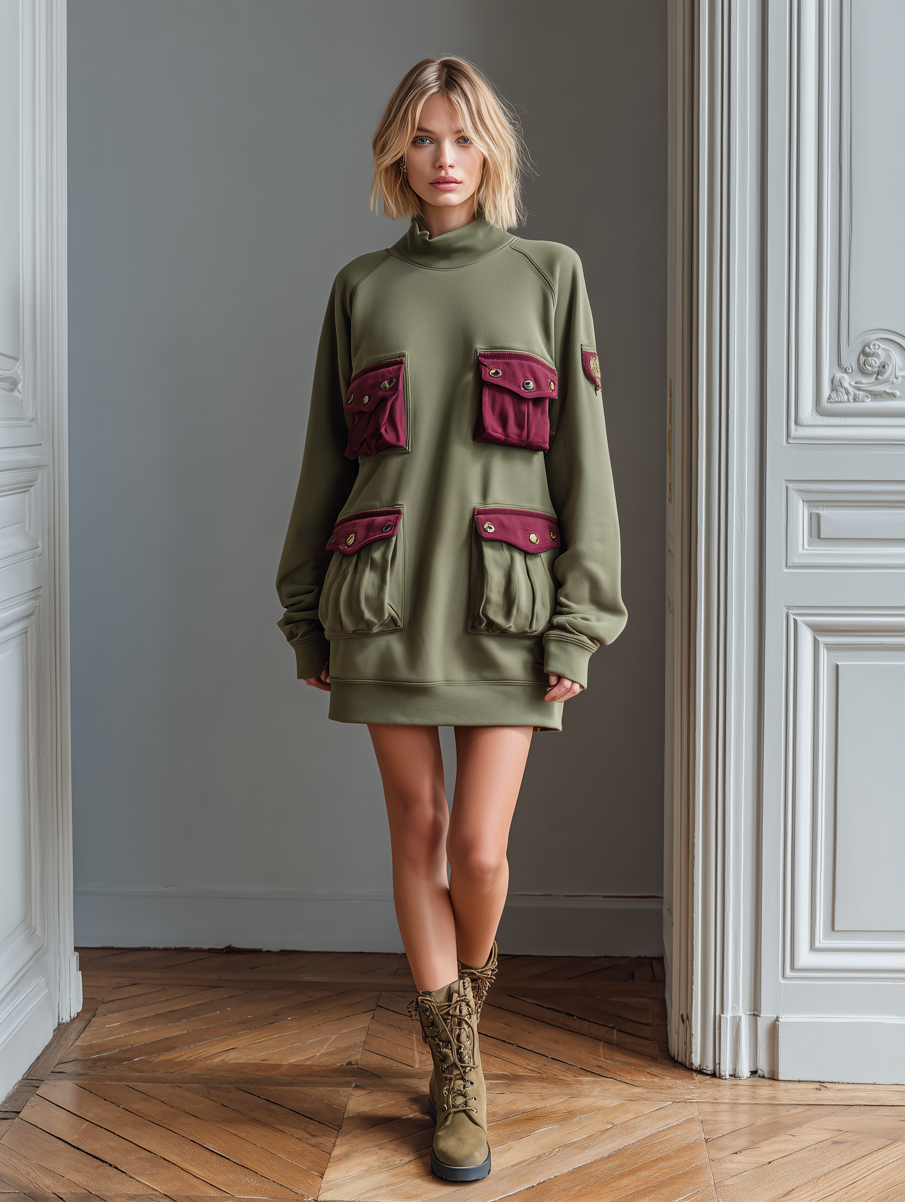 Women's Army Green Cotton Blend Color Block Pocket Casual Mini Dress MDA1979K5T