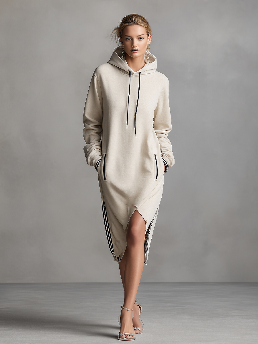 Women's Beige Cotton Casual Hoodie Dress With Zip Pockets And Side Slit Dress MDA2050K0I