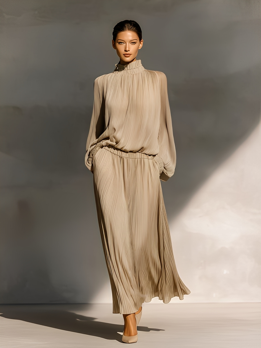 Women's Beige Chiffon Turtleneck Pleated Loose Top And Long Skirt Set MDA0167L5T
