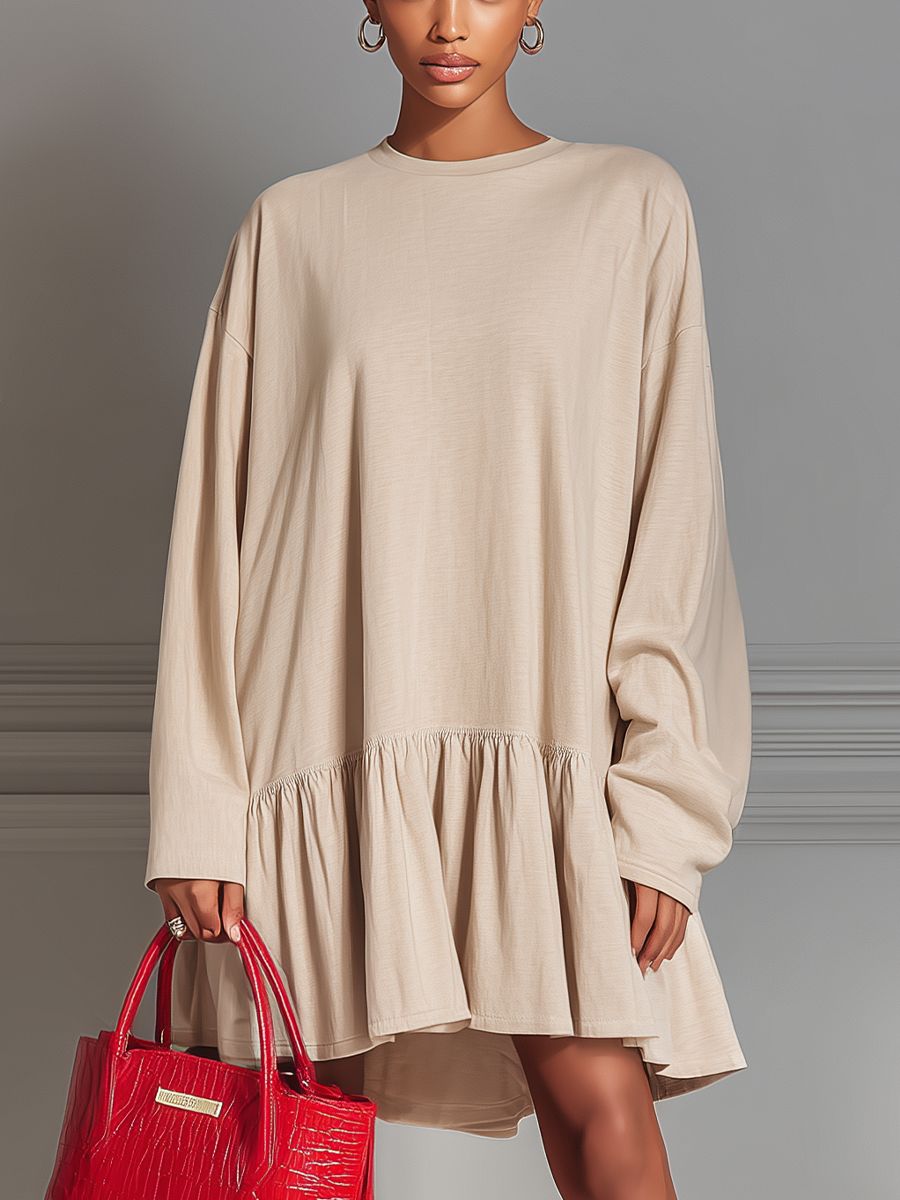 Women's Beige Cotton Blend Loose-fitting Pleated Hem Long-sleeved Dress MDA2616K0T