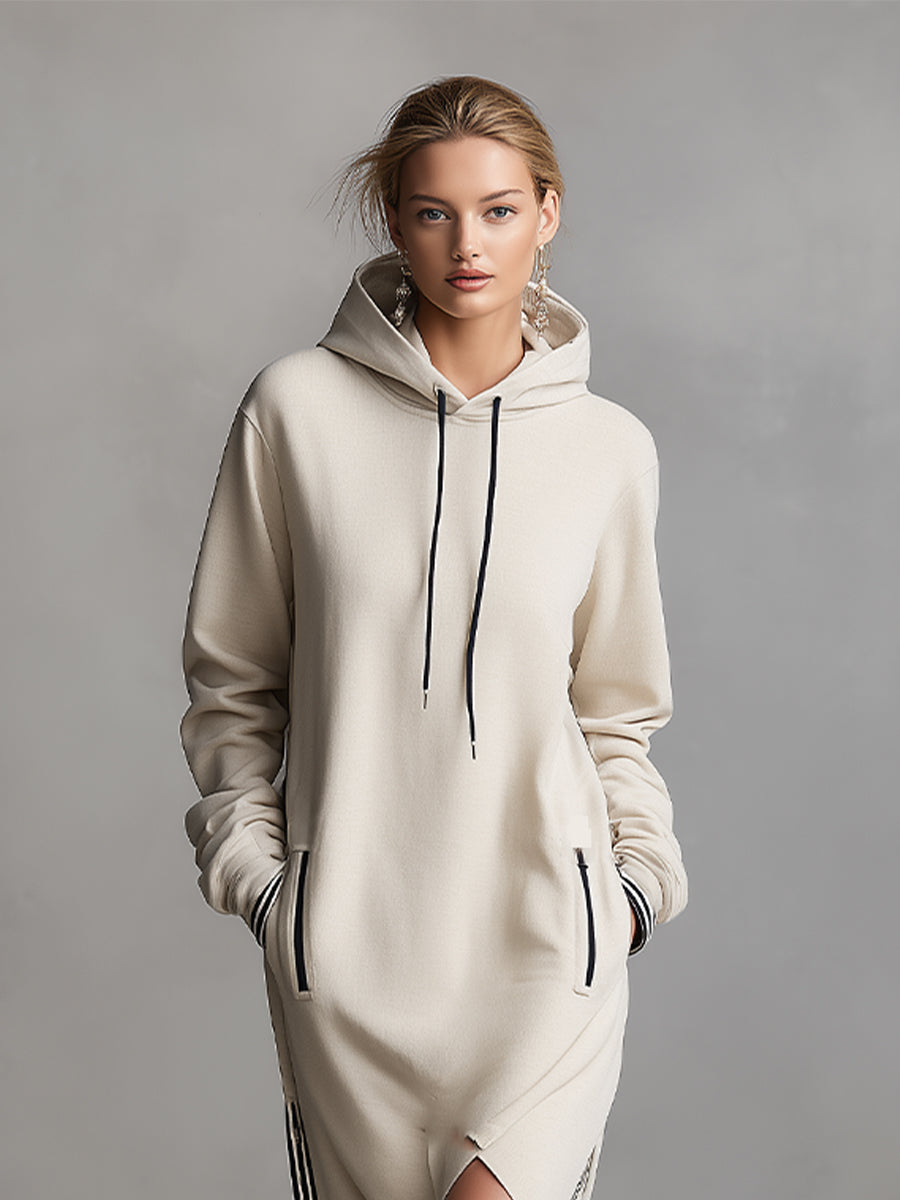 Women's Beige Cotton Casual Hoodie Dress With Zip Pockets And Side Slit Dress MDA2050K0I