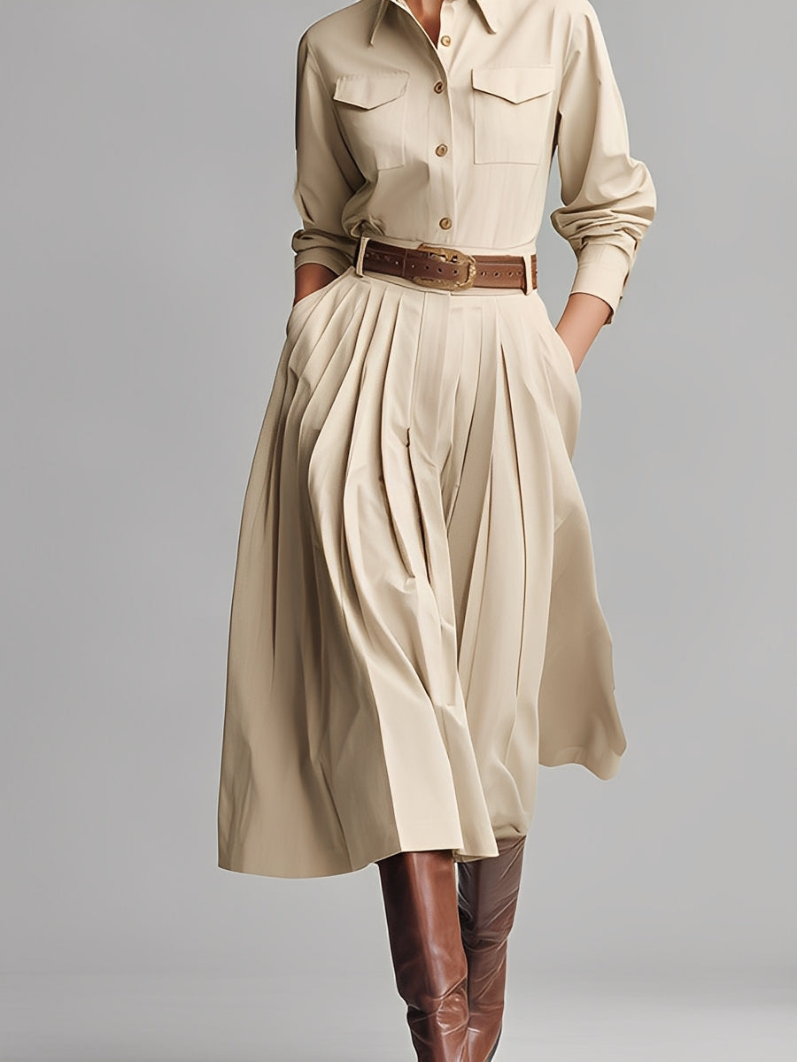 Women's Beige Crisp Cotton Elegant Pleated Midi Dress (without Belt) MDA2527K4I