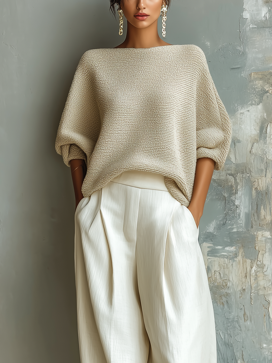 Women's Beige Knit Top And Off-white Linen Wide-leg Pants Suit MDA2819K7T