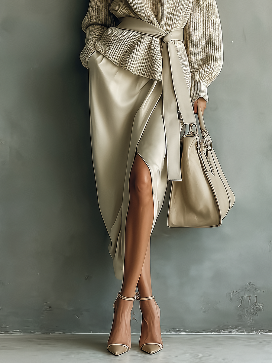 Women's Beige Knit Turtleneck Top And Asymmetrical Midi Skirt Set MDA2523K2T