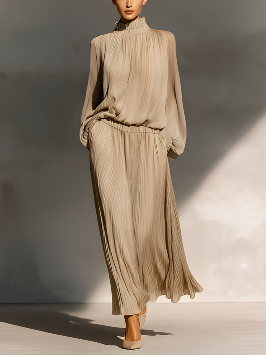 Women's Beige Chiffon Turtleneck Pleated Loose Top And Long Skirt Set MDA0167L5T