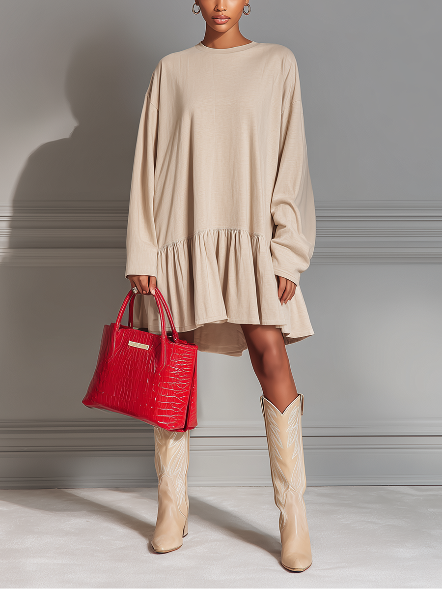 Women's Beige Cotton Blend Loose-fitting Pleated Hem Long-sleeved Dress MDA2616K0T