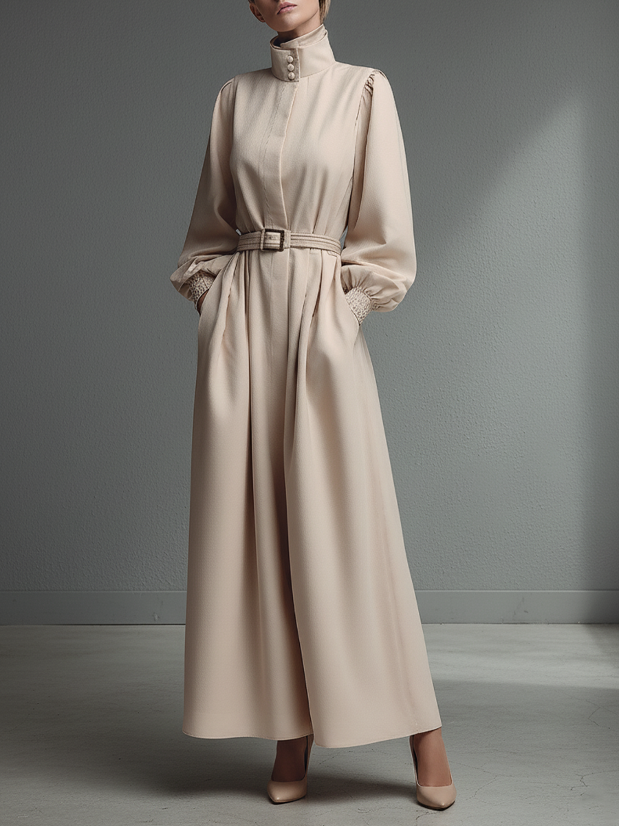 Women's Beige Cotton Blend Turtleneck Fitted Waist Dress MDA0437L1T