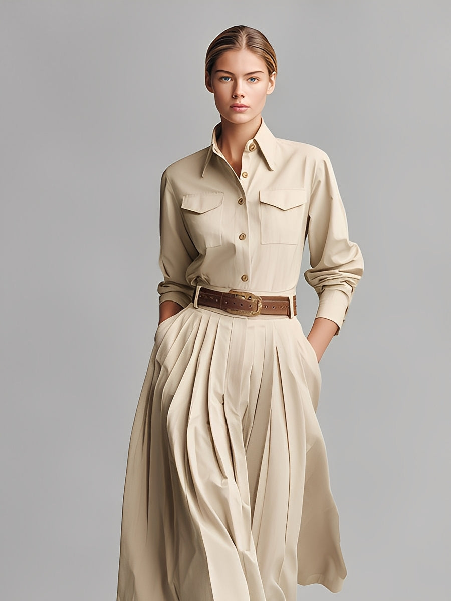 Women's Beige Crisp Cotton Elegant Pleated Midi Dress (without Belt) MDA2527K4I