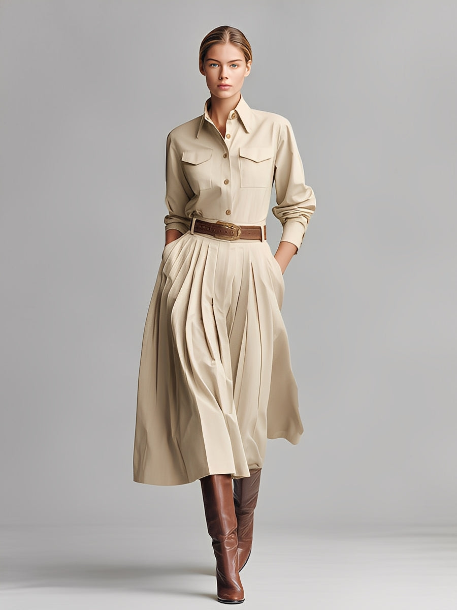 Women's Beige Crisp Cotton Elegant Pleated Midi Dress (without Belt) MDA2527K4I