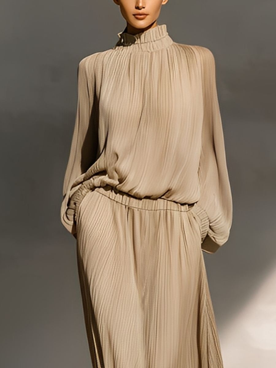 Women's Beige Chiffon Turtleneck Pleated Loose Top And Long Skirt Set MDA0167L5T