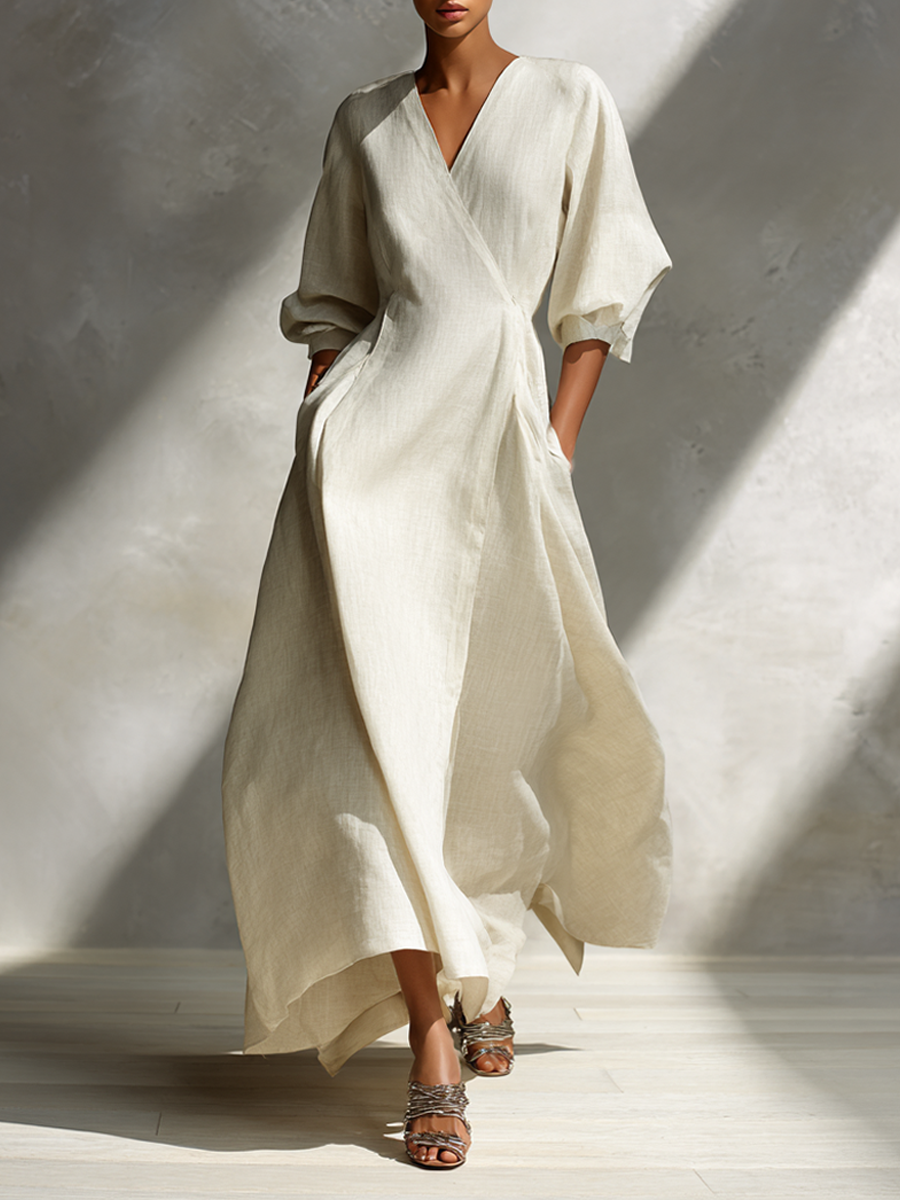 Women's Beige Linen Wrap-Style V-Neck Maxi Dress MDA0175L2AP