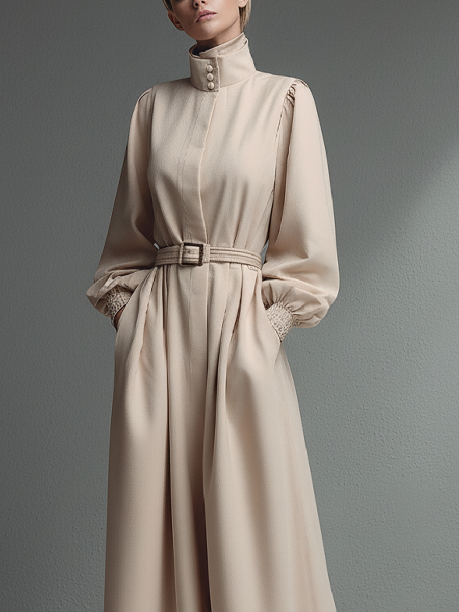 Women's Beige Cotton Blend Turtleneck Fitted Waist Dress MDA0437L1T