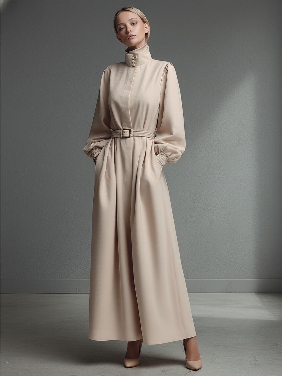 Women's Beige Cotton Blend Turtleneck Fitted Waist Dress MDA0437L1T