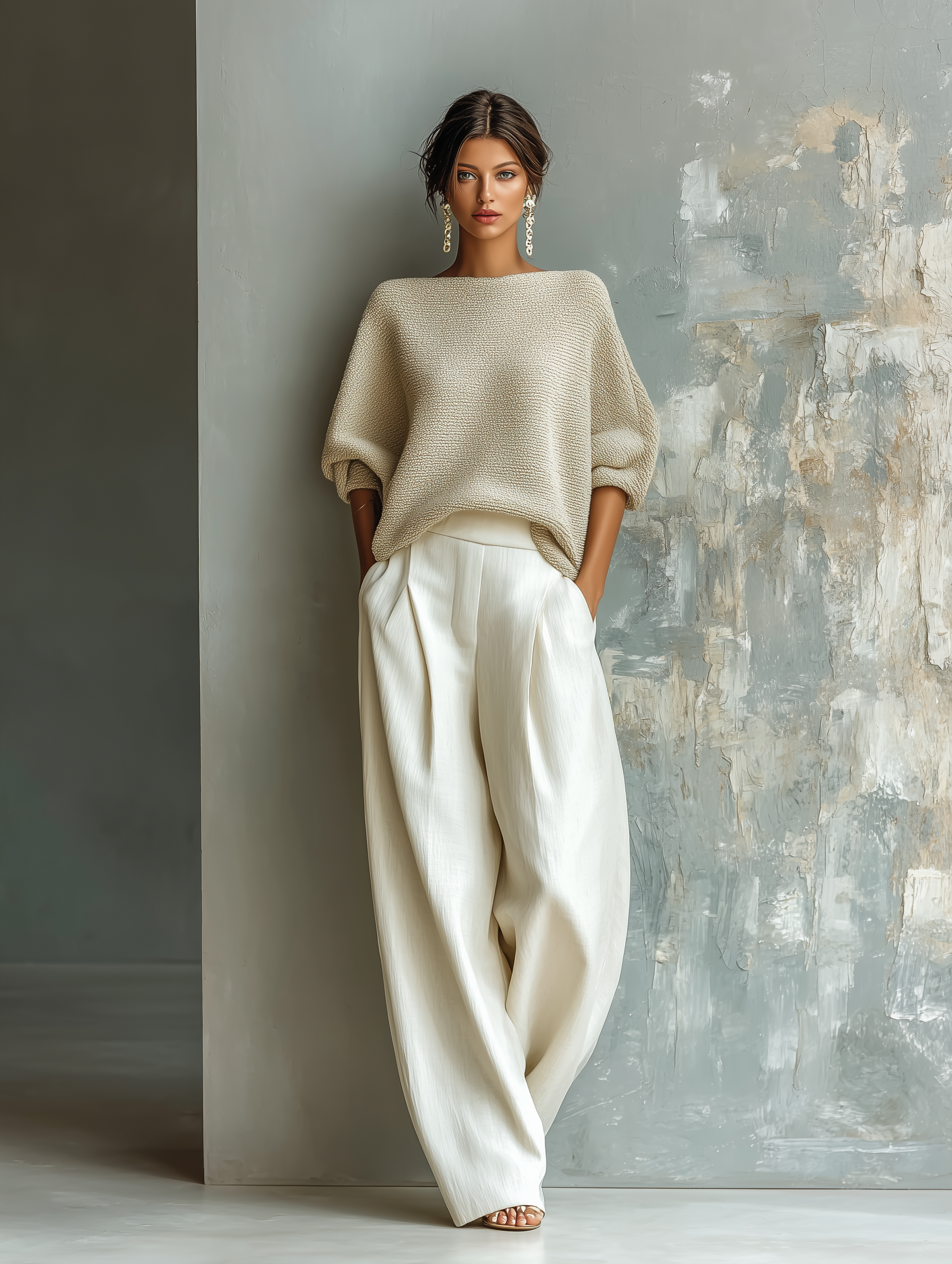 Women's Beige Knit Top And Off-white Linen Wide-leg Pants Suit MDA2819K7T