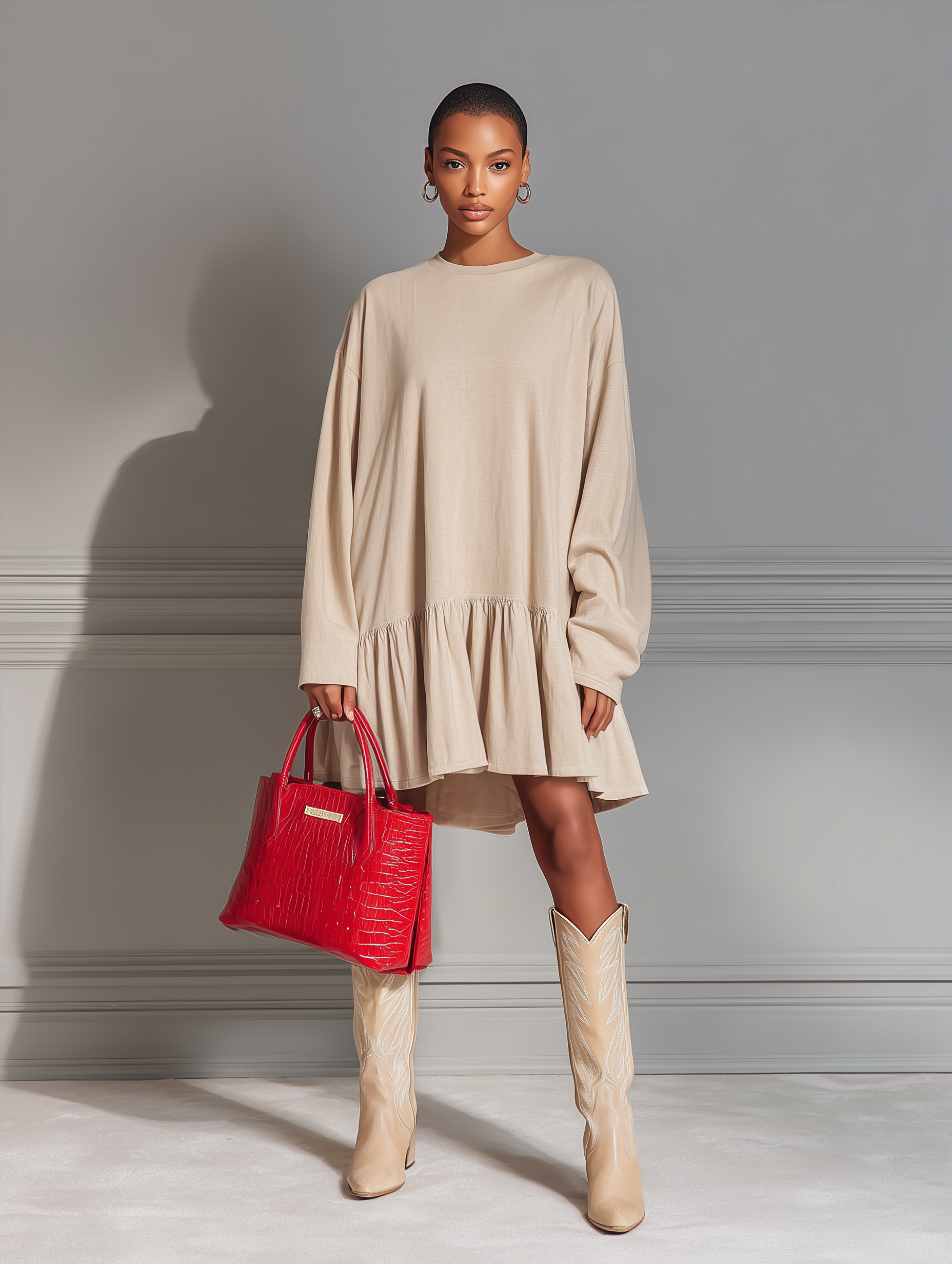 Women's Beige Cotton Blend Loose-fitting Pleated Hem Long-sleeved Dress MDA2616K0T