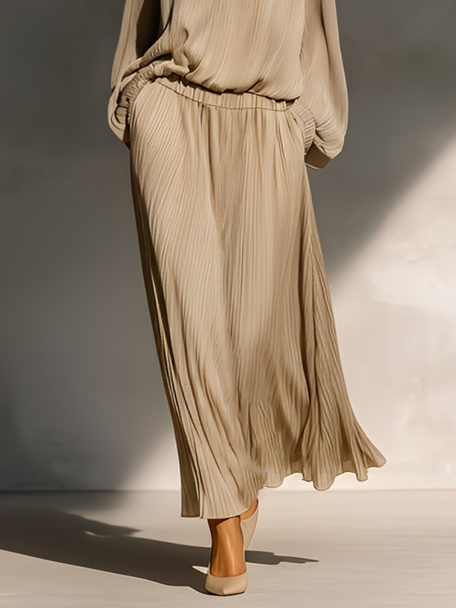 Women's Beige Chiffon Turtleneck Pleated Loose Top And Long Skirt Set MDA0167L5T