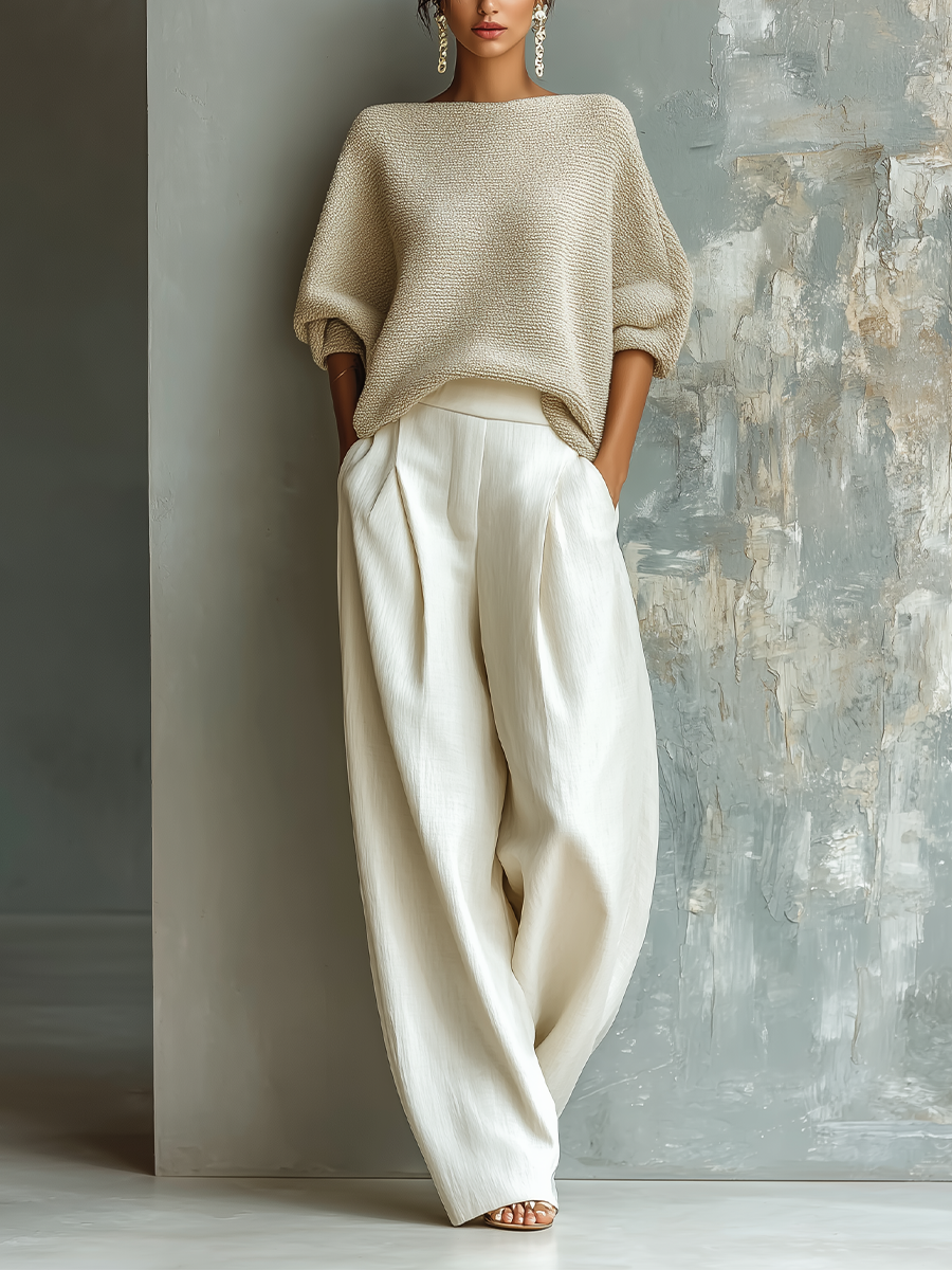 Women's Beige Knit Top And Off-white Linen Wide-leg Pants Suit MDA2819K7T