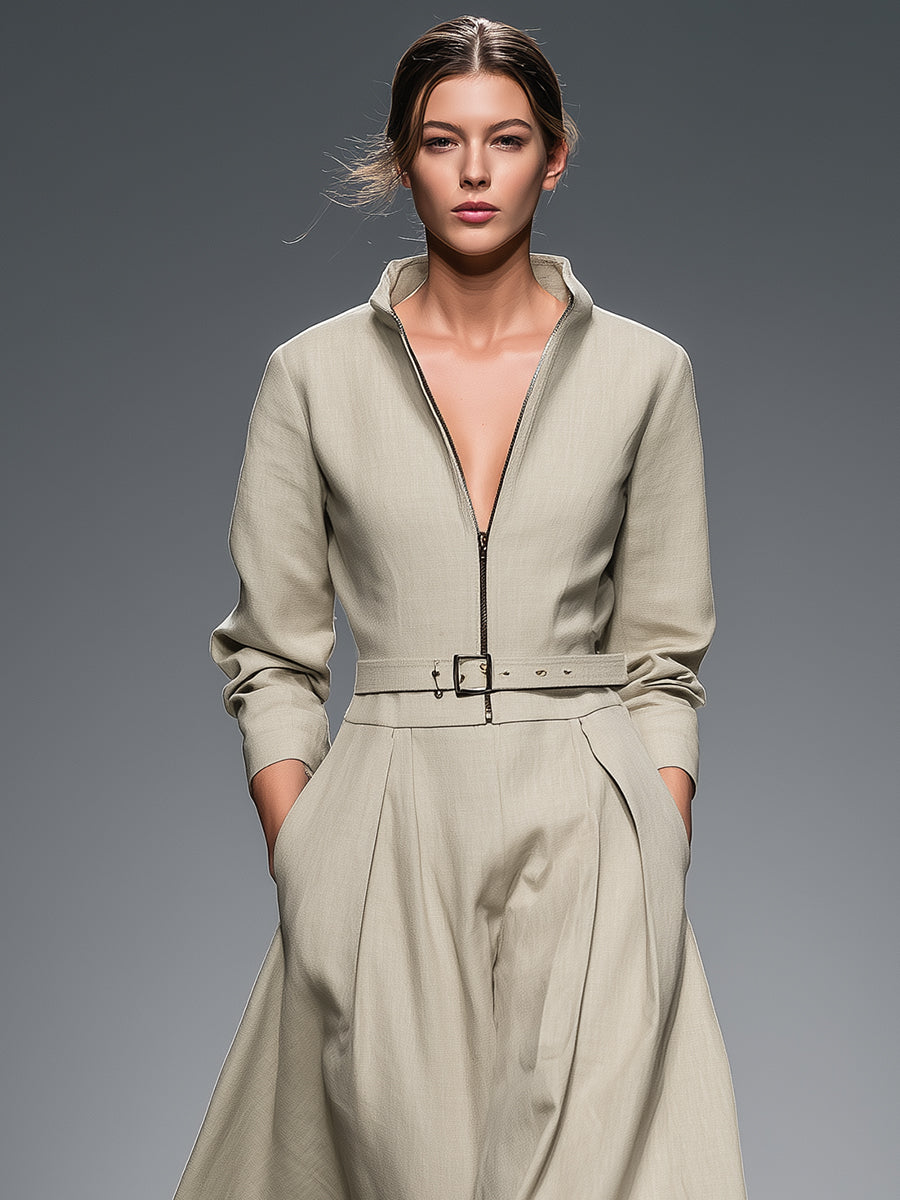 Women's Beige Cotton Linen Elegant Front Zipper Maxi Dress MDA2924K0I