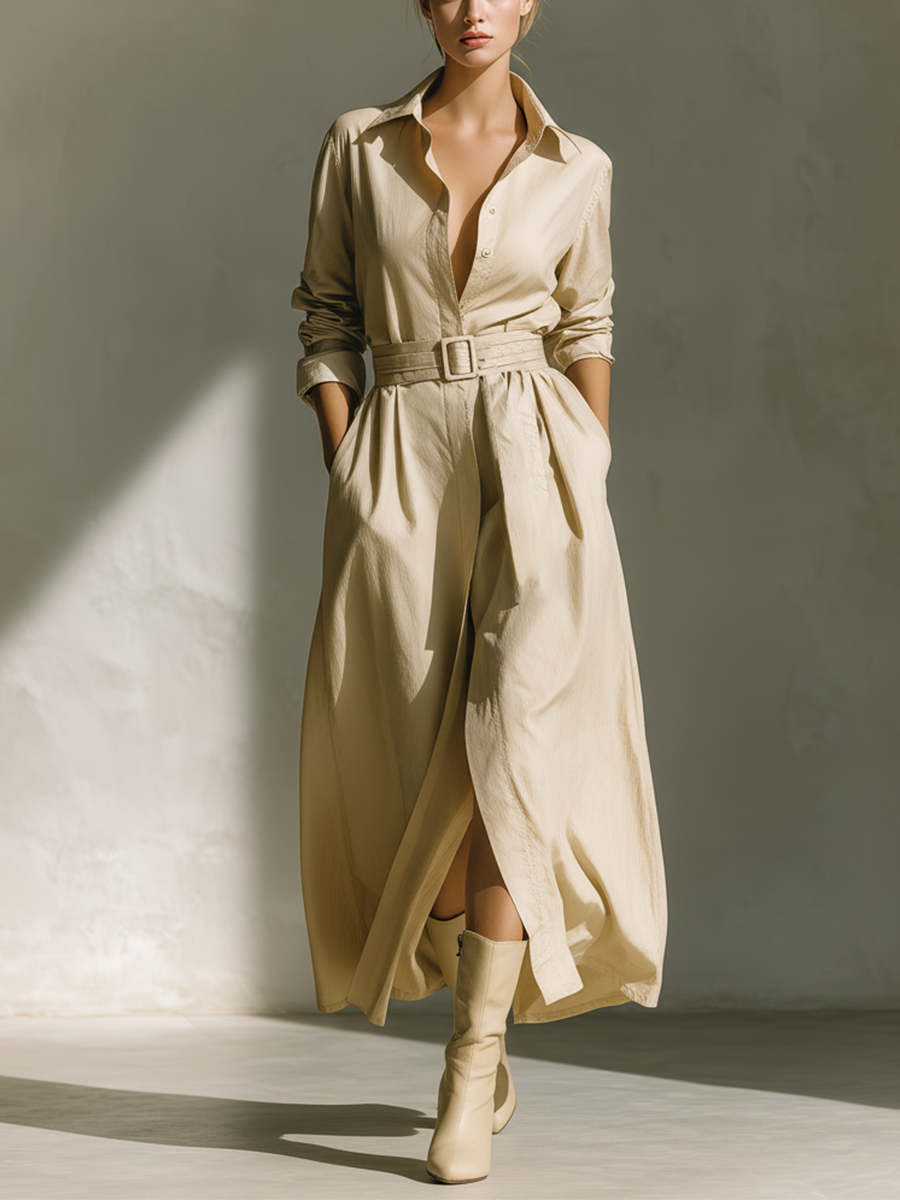 Women's Beige Cotton Blend Fitted Waist Tie Collar Shirt Dress MDA3050K0T