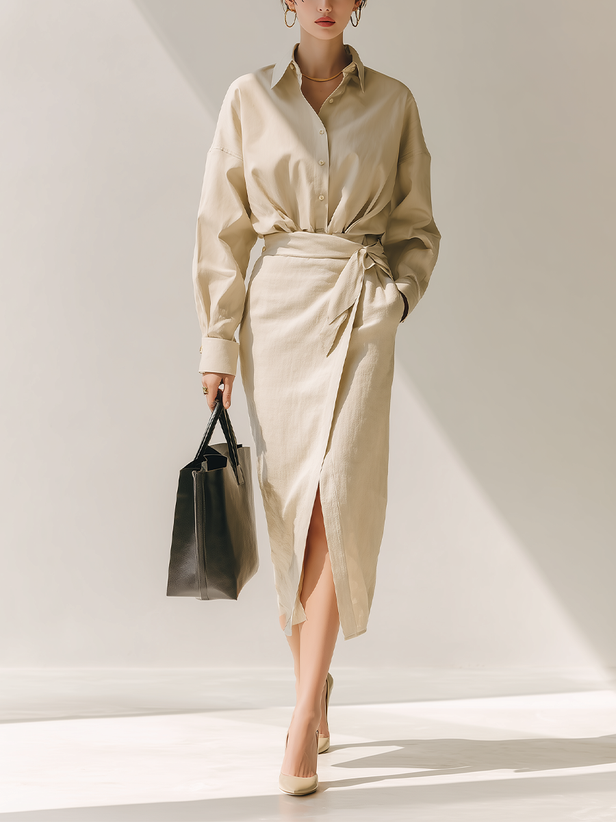 Women's Beige Cotton-linen Blend Shirt And Belted High-waisted Skirt Set MDA0419L4T