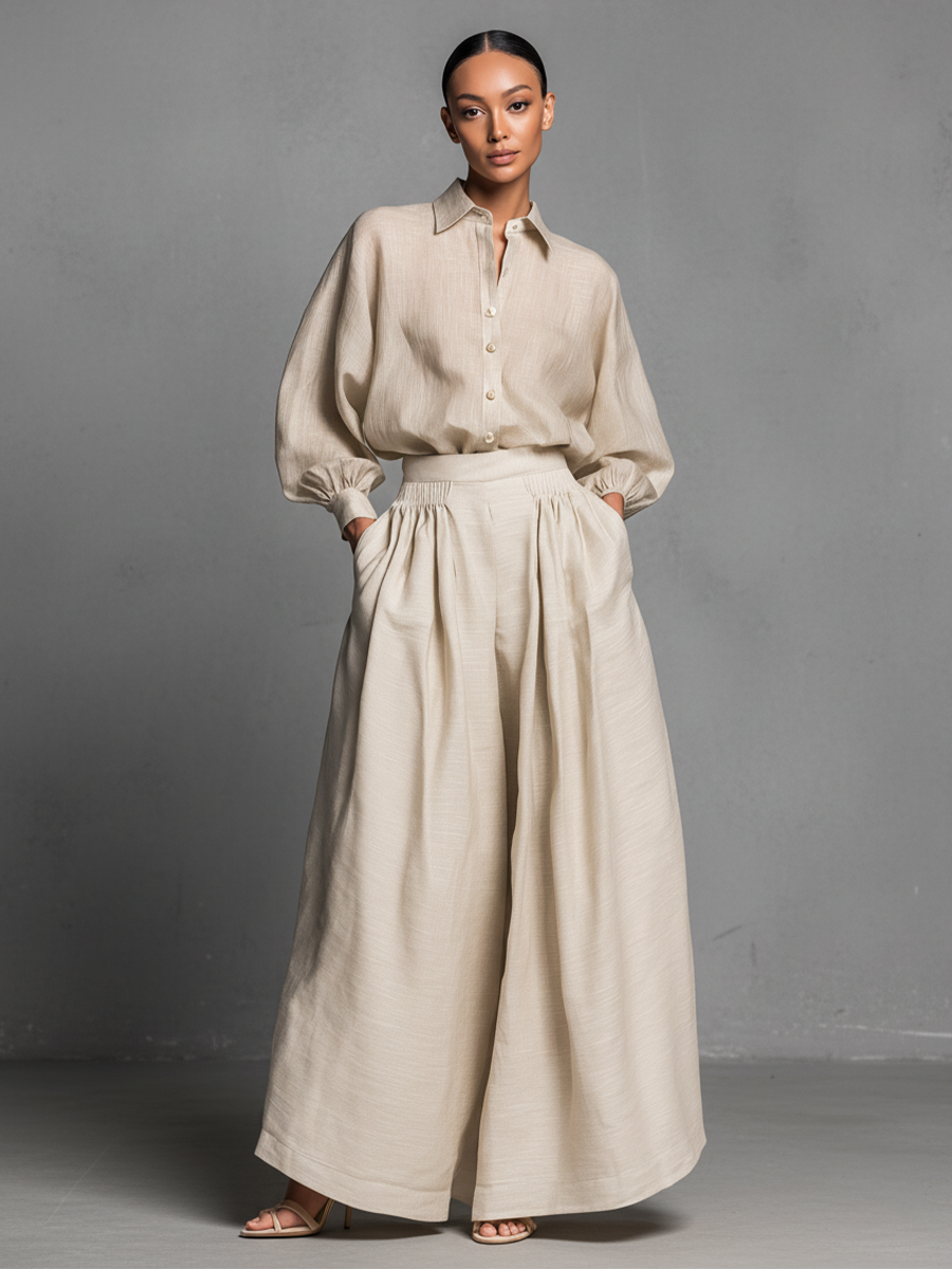 Women's Beige Cotton-linen Blend Shirt And Flared Trousers Suit MDA0426L1T
