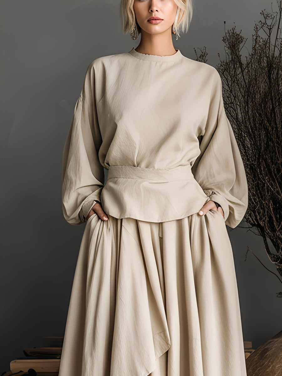 Women's Beige Cotton Blend Puff Sleeve Fitted Top And Skirt Set MDA2575K4T