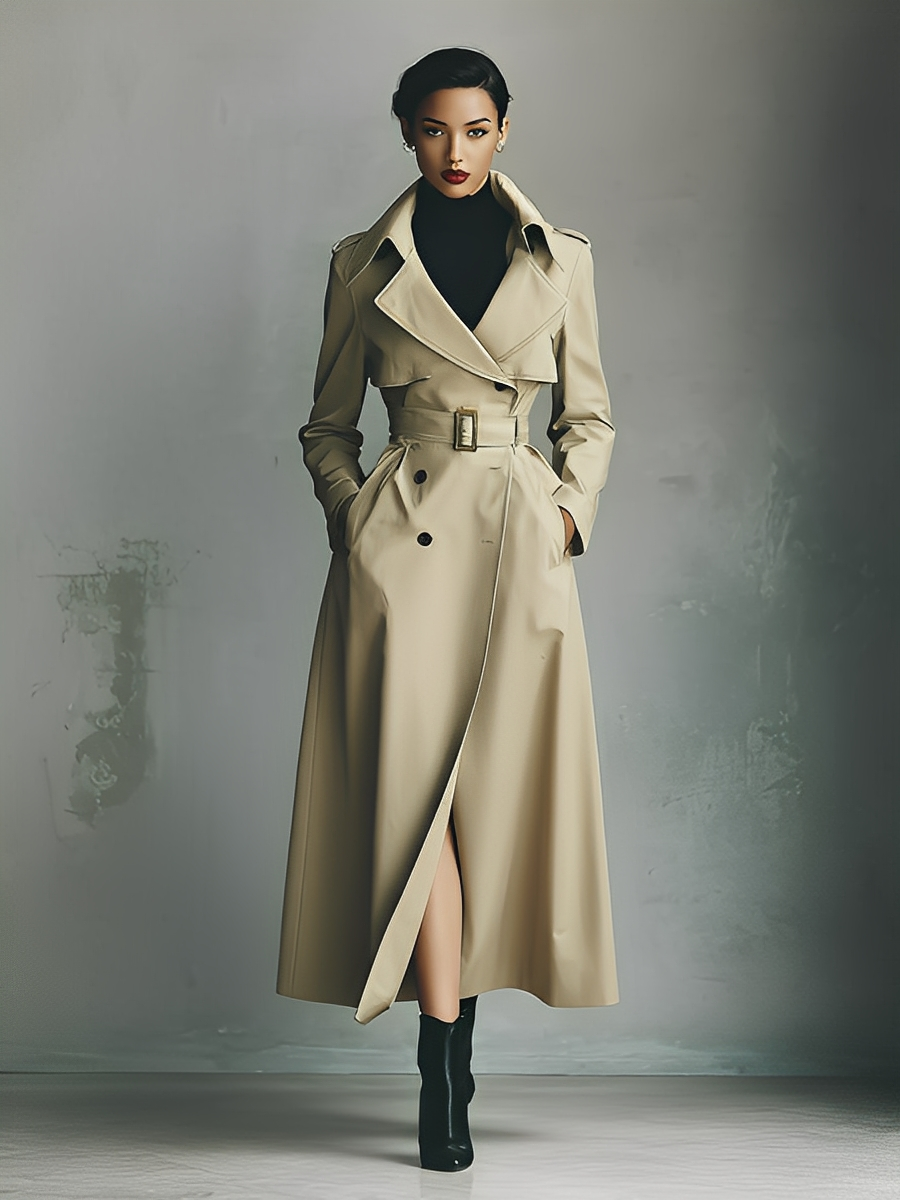 Women's Beige Cotton Blend Double-breasted Belted Long Coat MDA2532K3T