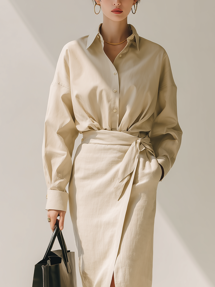 Women's Beige Cotton-linen Blend Shirt And Belted High-waisted Skirt Set MDA0419L4T