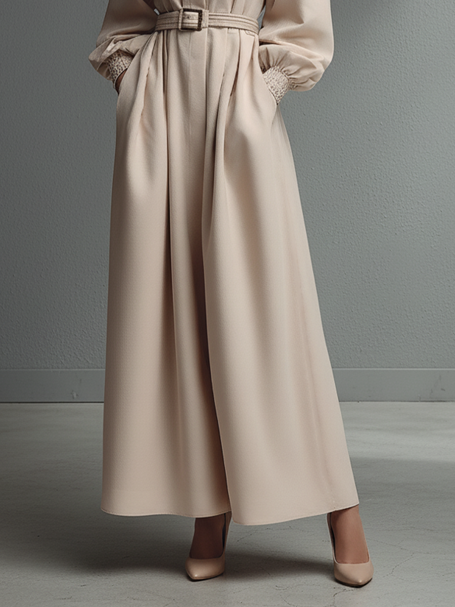 Women's Beige Cotton Blend Turtleneck Fitted Waist Dress MDA0437L1T