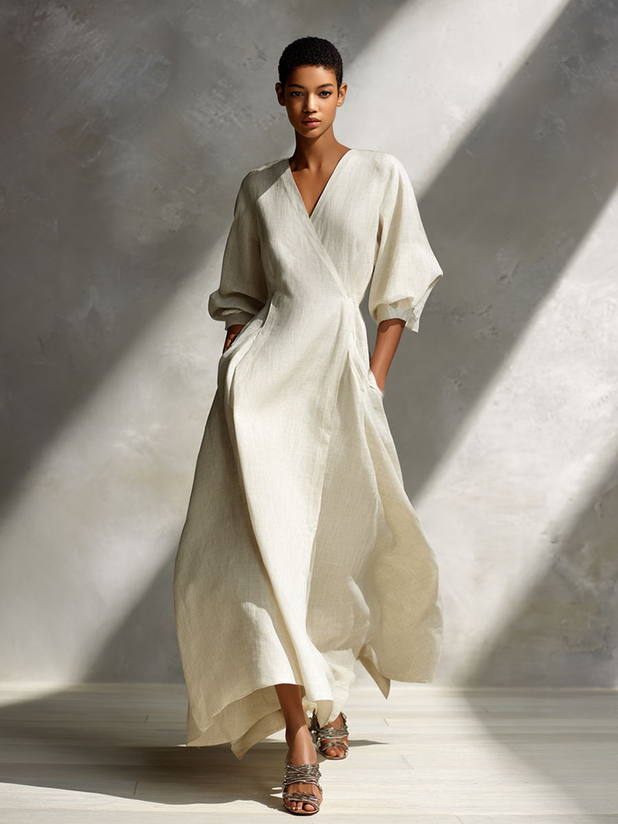 Women's Beige Linen Wrap-Style V-Neck Maxi Dress MDA0175L2AP