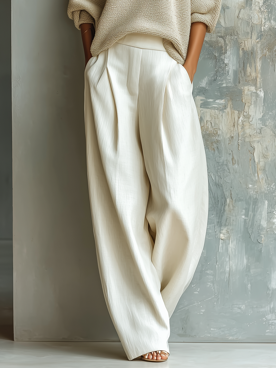 Women's Beige Knit Top And Off-white Linen Wide-leg Pants Suit MDA2819K7T