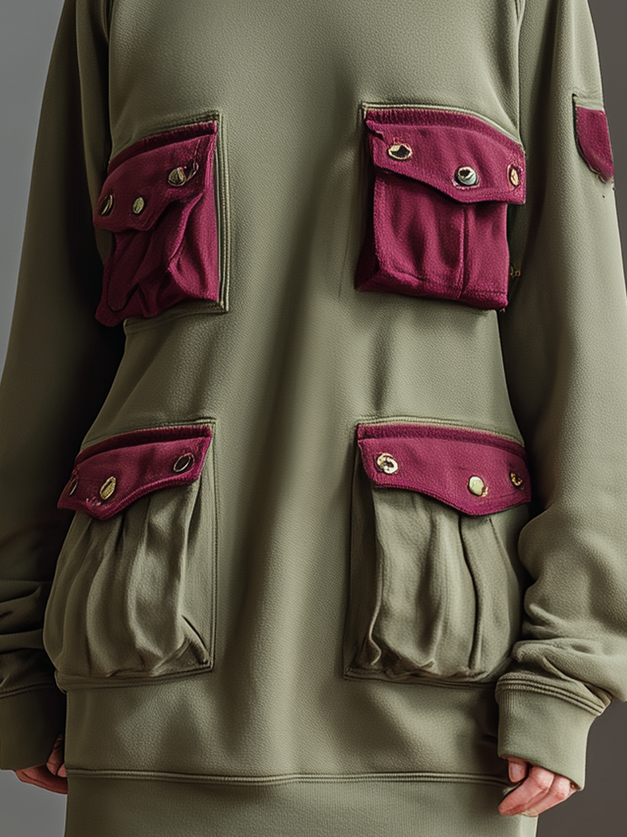 Women's Army Green Cotton Blend Color Block Pocket Casual Mini Dress MDA1979K5T