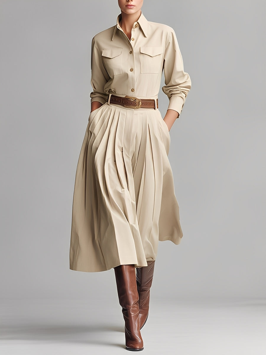 Women's Beige Crisp Cotton Elegant Pleated Midi Dress (without Belt) MDA2527K4I