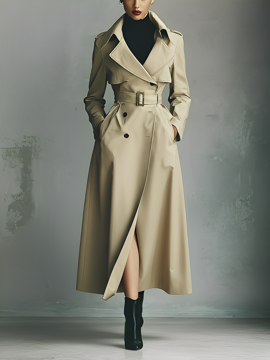 Women's Beige Cotton Blend Double-breasted Belted Long Coat MDA2532K3T