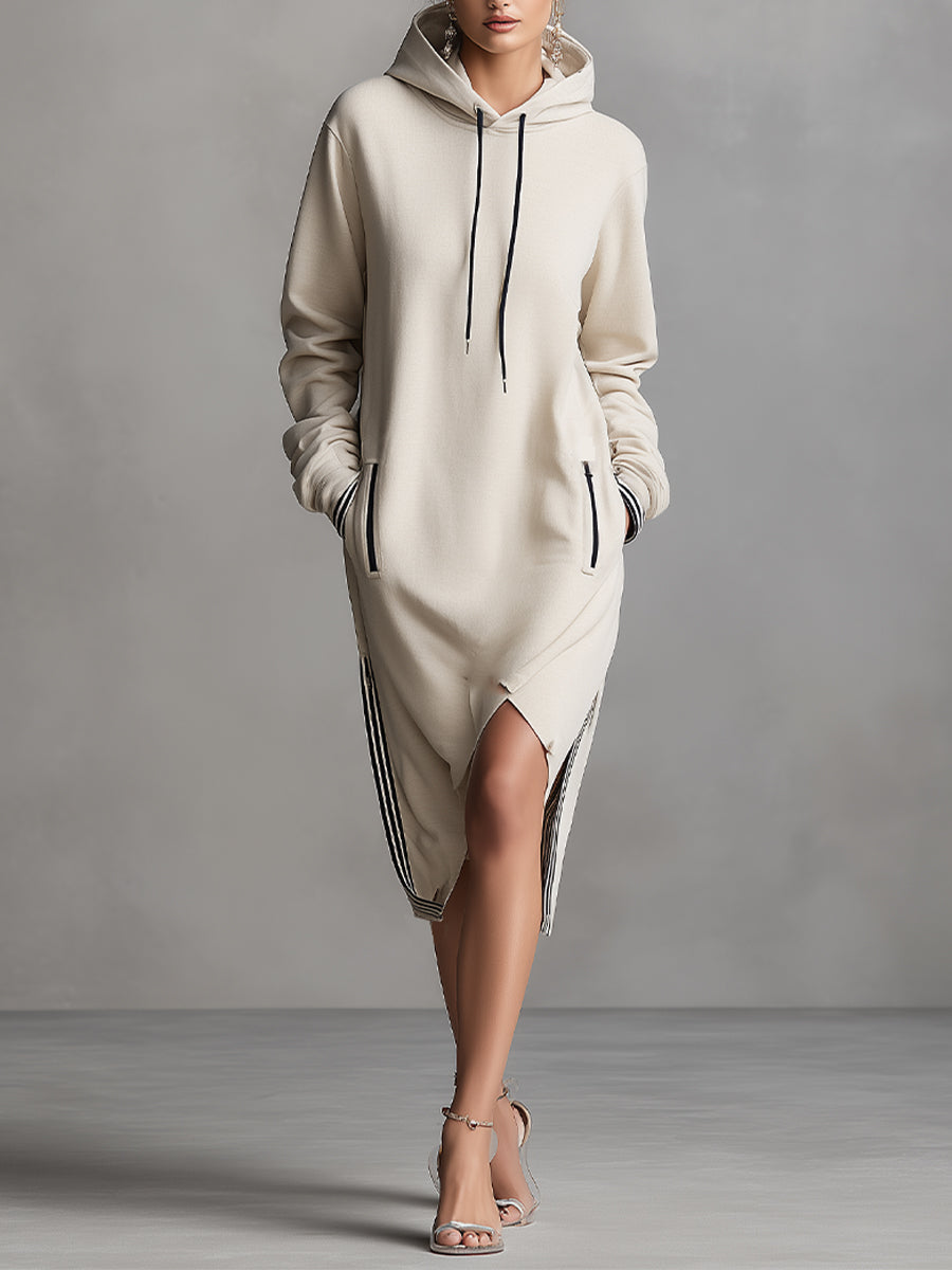 Women's Beige Cotton Casual Hoodie Dress With Zip Pockets And Side Slit Dress MDA2050K0I