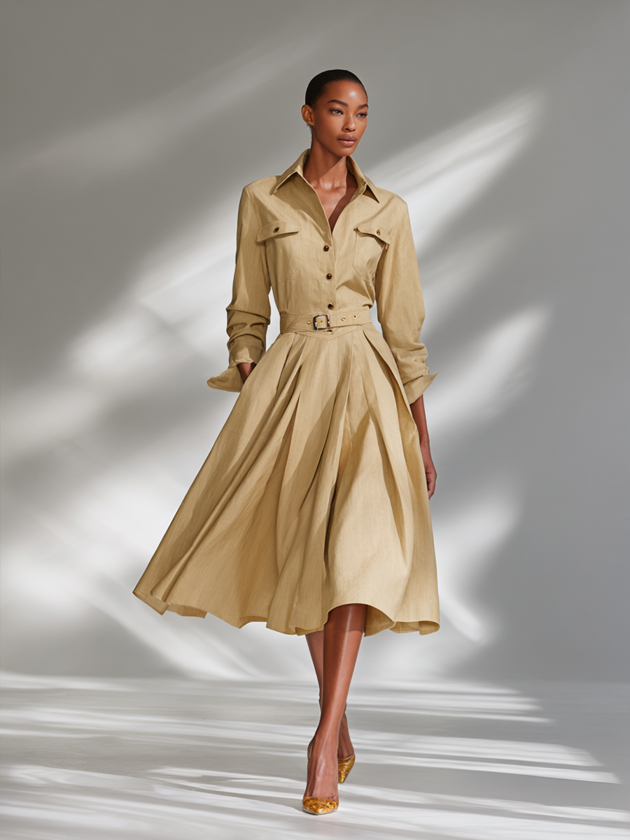 Women's Beige Linen Shirt Collar Long-Sleeve Dress MDA2904K1AP