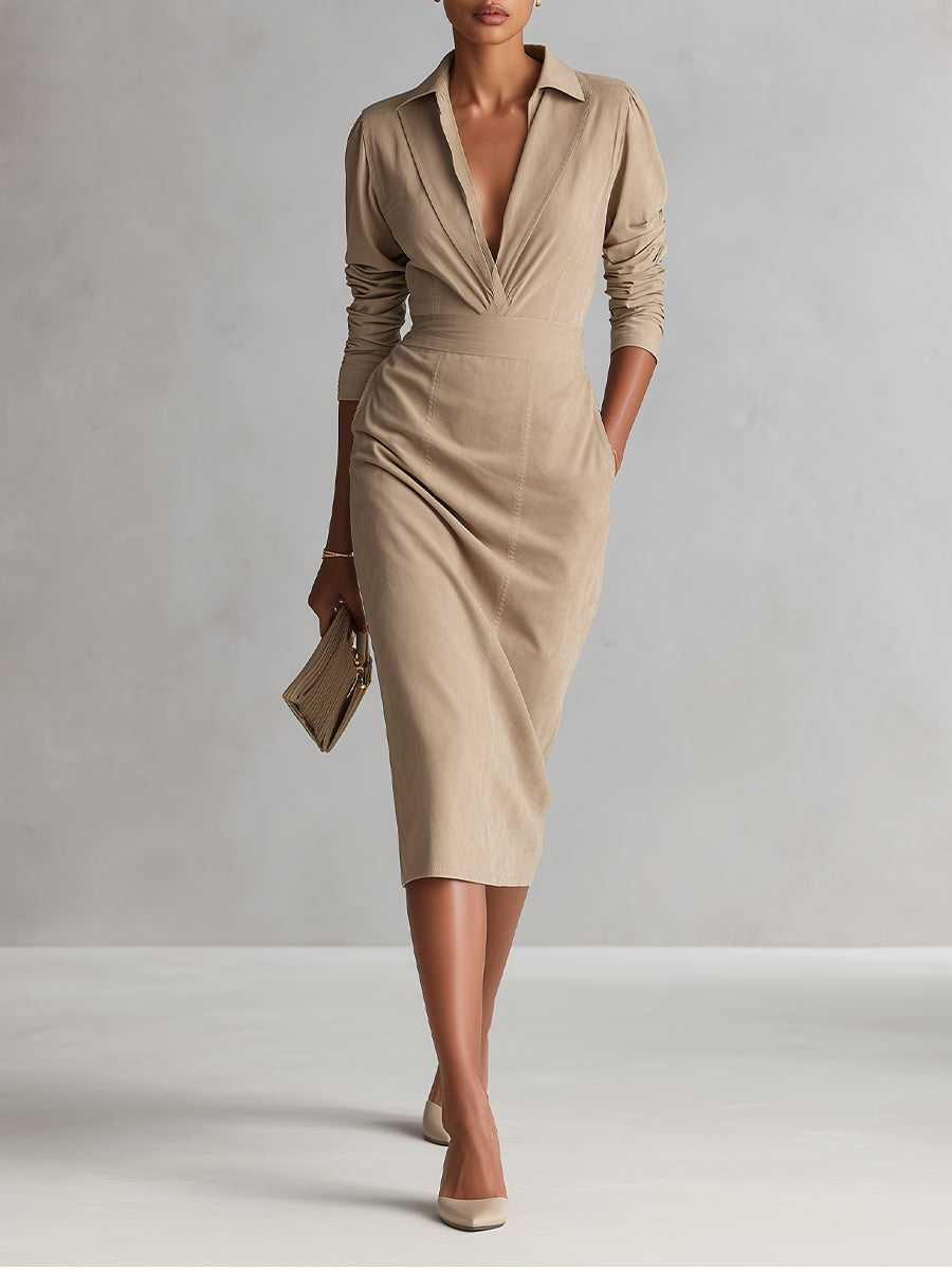 Women's Beige Faux Suede Woven Elegant Dress With Shirt Collar & Belted Waist Midi Dress MDA3001K0I