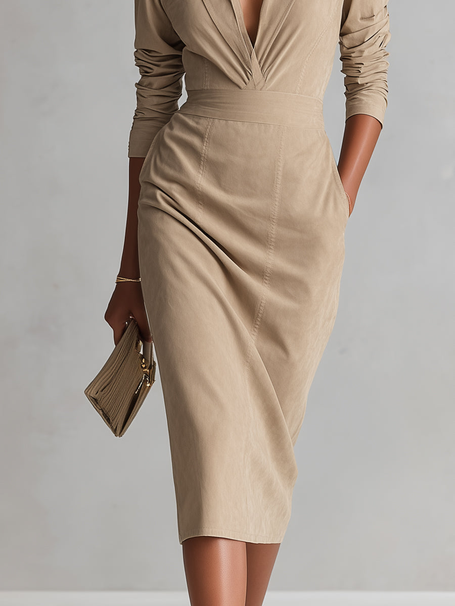 Women's Beige Faux Suede Woven Elegant Dress With Shirt Collar & Belted Waist Midi Dress MDA3001K0I