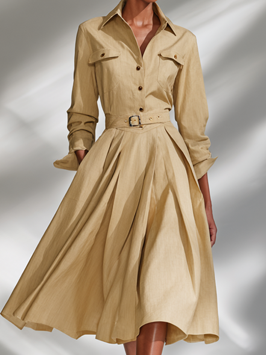 Women's Beige Linen Shirt Collar Long-Sleeve Dress MDA2904K1AP