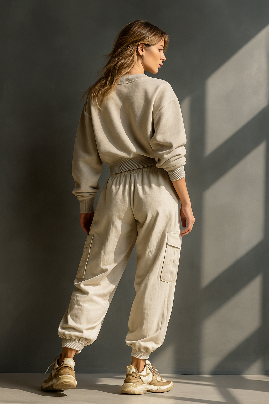 Women's Beige Cotton Loose-fitting Casual Sweatshirt And Drawstring Cargo Pants Set MDA2083K8T