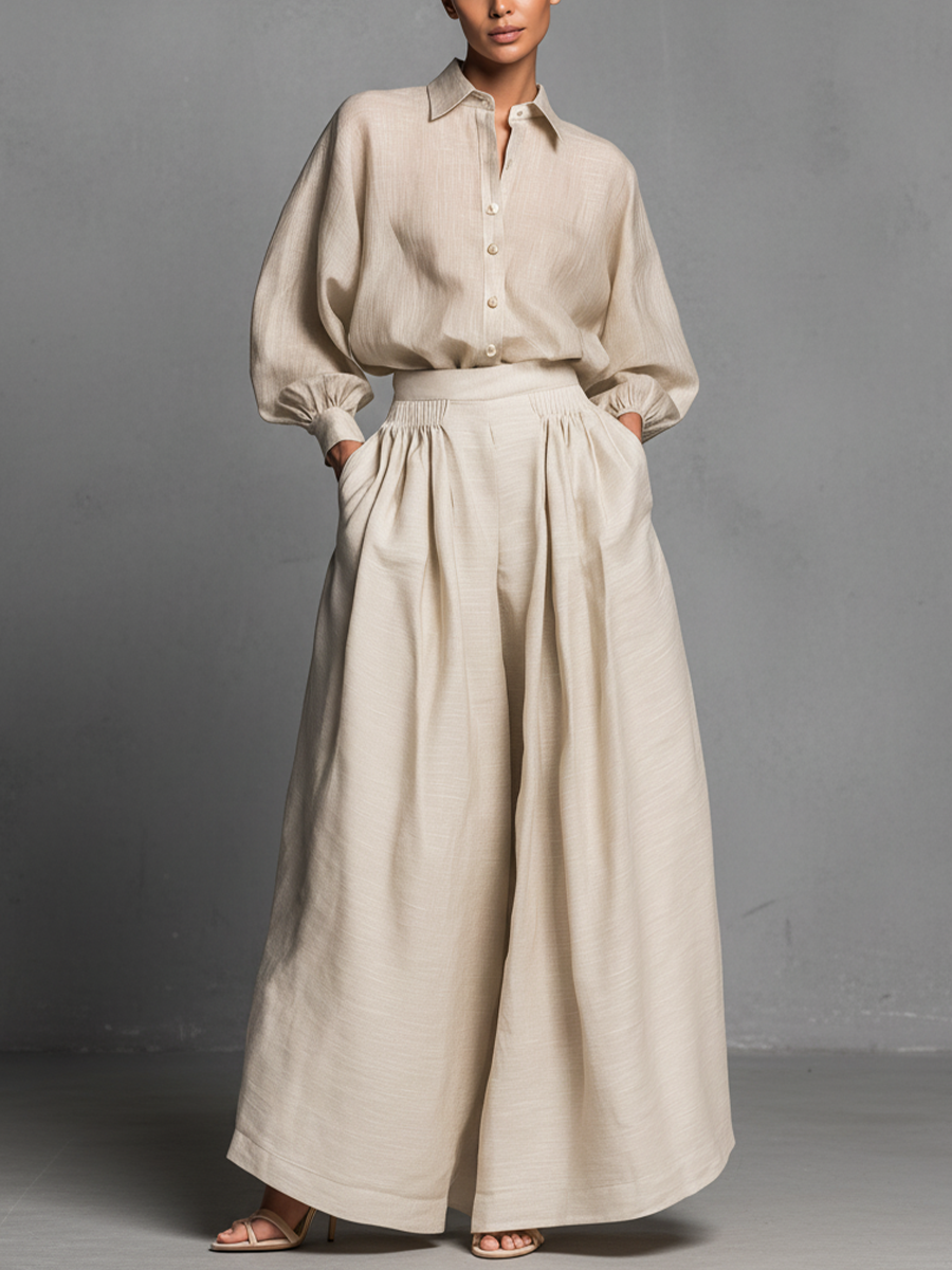 Women's Beige Cotton-linen Blend Shirt And Flared Trousers Suit MDA0426L1T