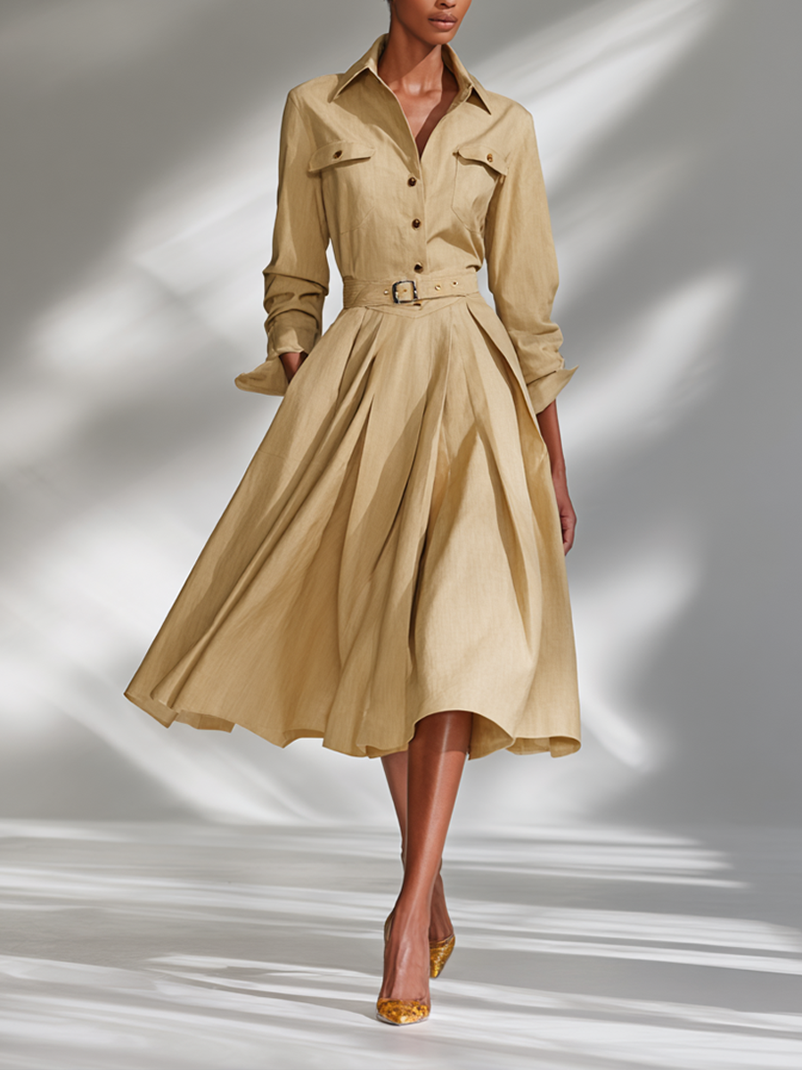Women's Beige Linen Shirt Collar Long-Sleeve Dress MDA2904K1AP