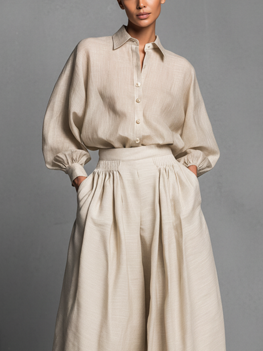 Women's Beige Cotton-linen Blend Shirt And Flared Trousers Suit MDA0426L1T