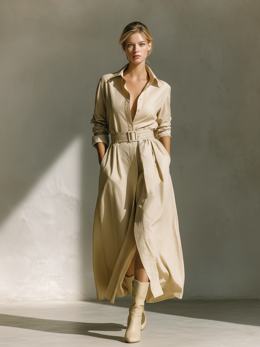 Women's Beige Cotton Blend Fitted Waist Tie Collar Shirt Dress MDA3050K0T