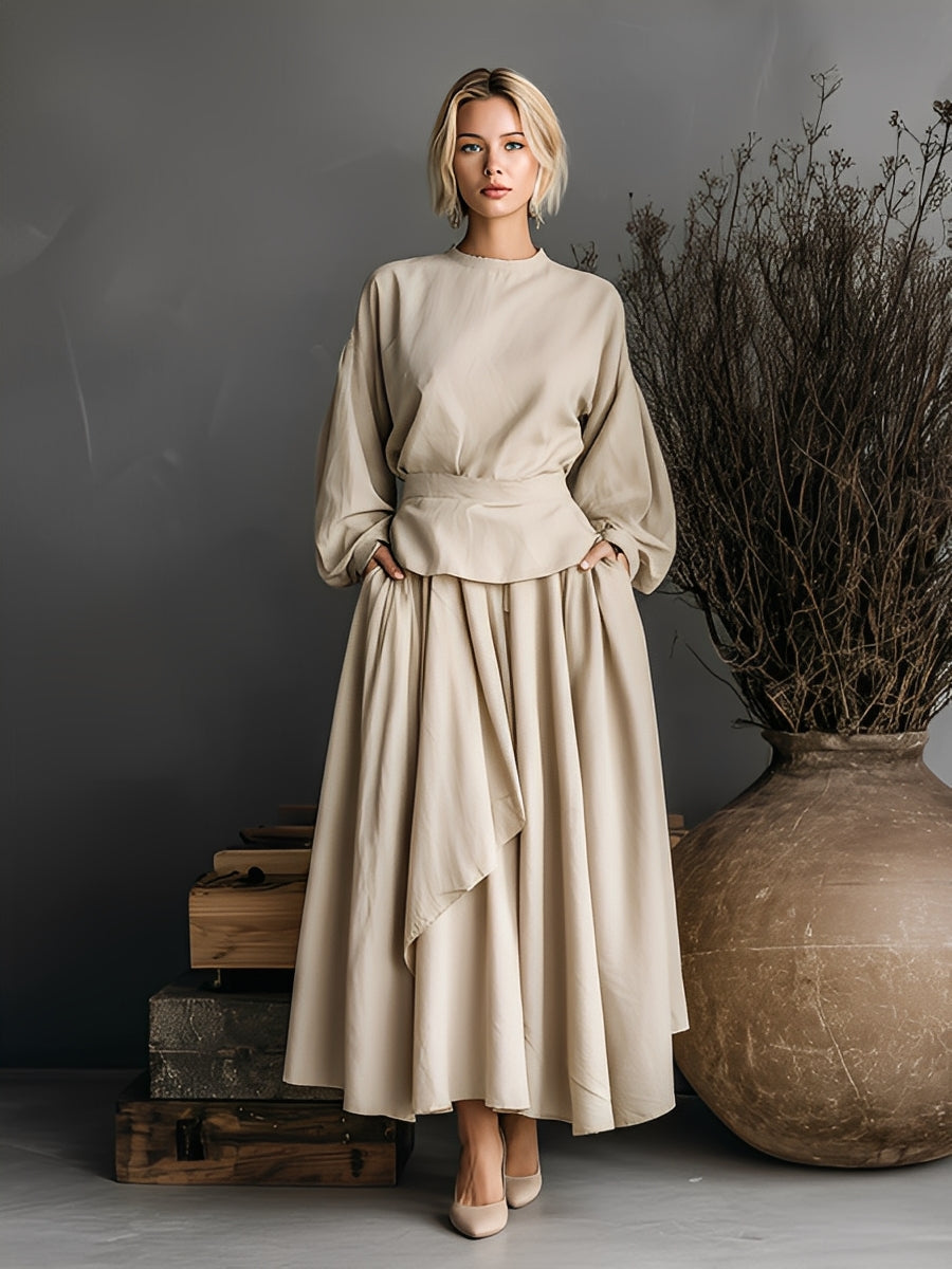 Women's Beige Cotton Blend Puff Sleeve Fitted Top And Skirt Set MDA2575K4T