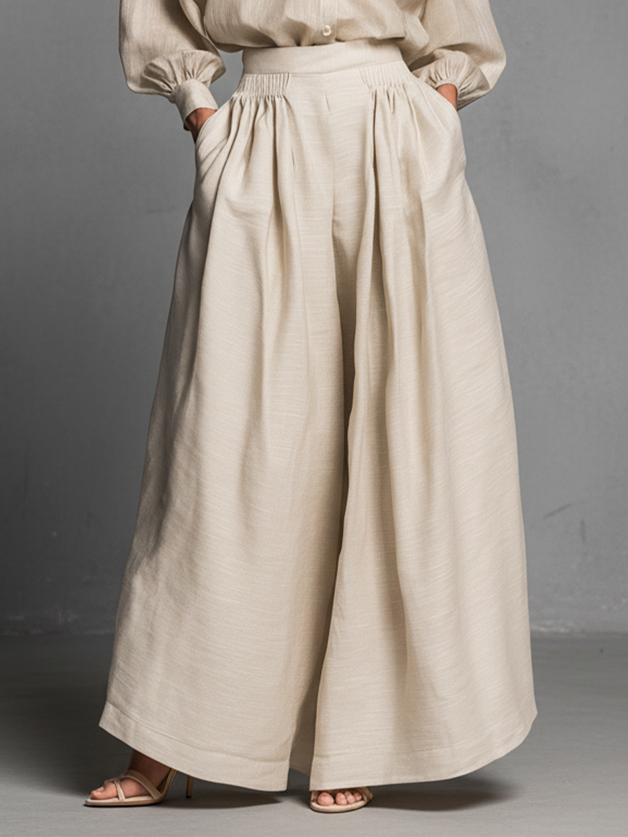 Women's Beige Cotton-linen Blend Shirt And Flared Trousers Suit MDA0426L1T