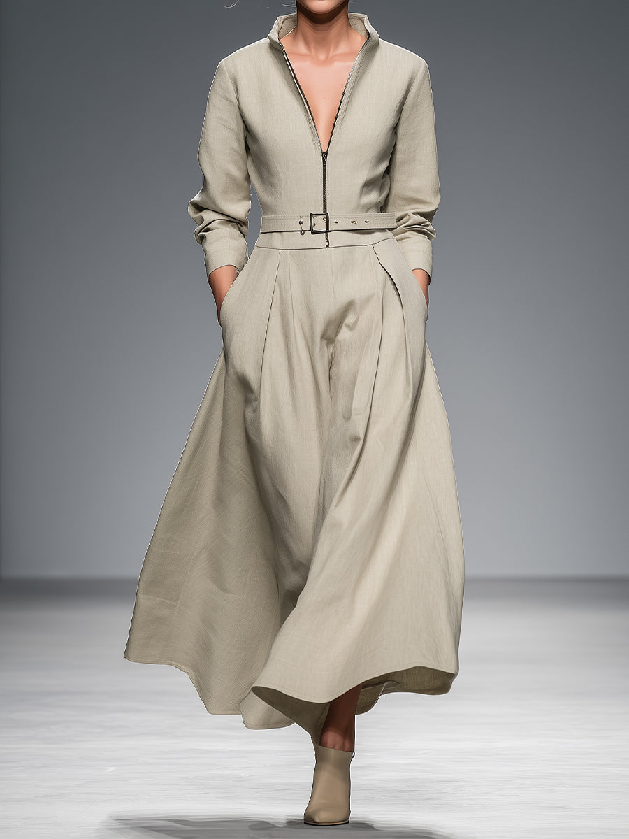 Women's Beige Cotton Linen Elegant Front Zipper Maxi Dress MDA2924K0I